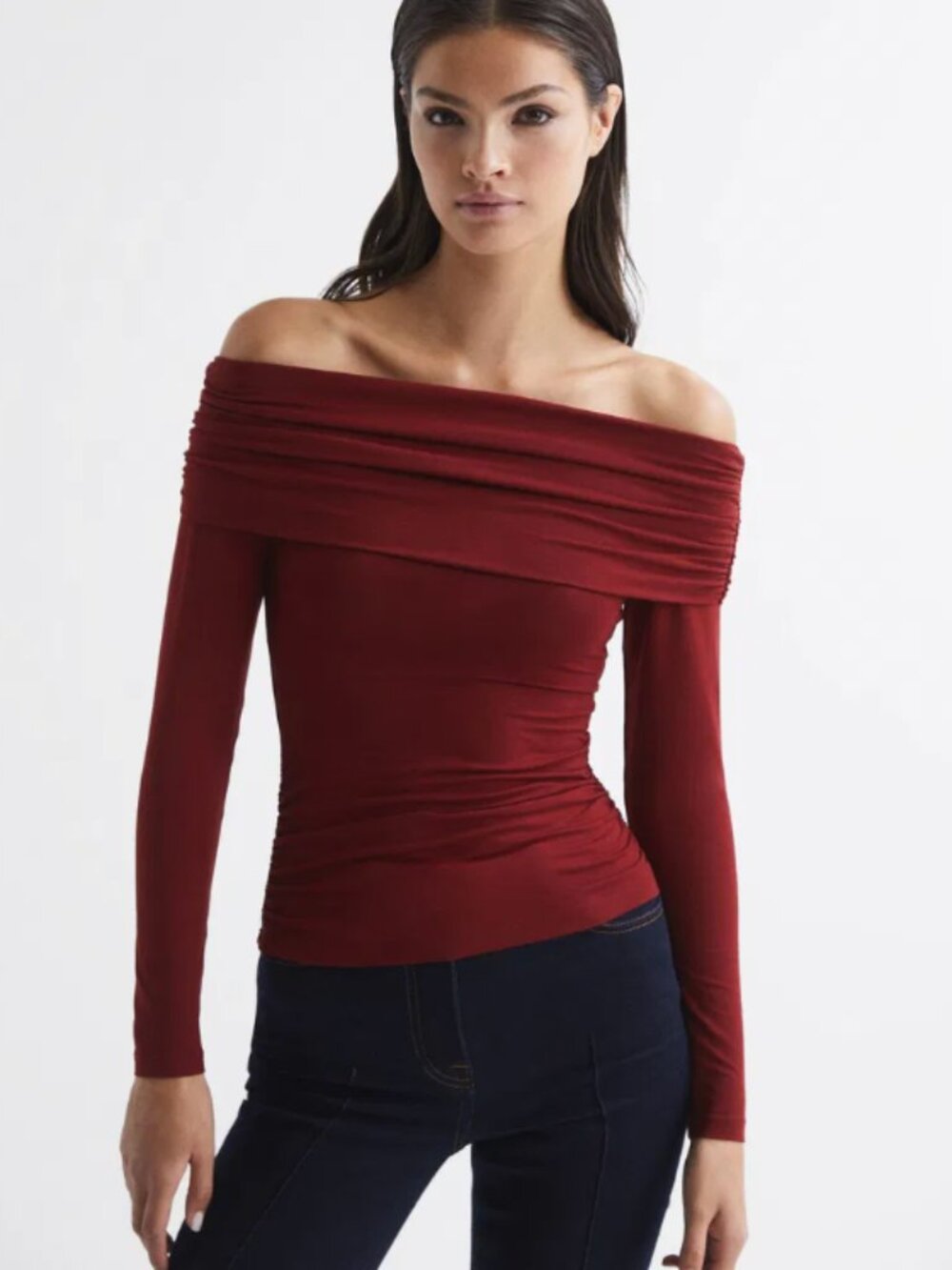 NWT Reiss Hudson Off Shoulder Jersey knit Long Sleeve Top Wine Size S